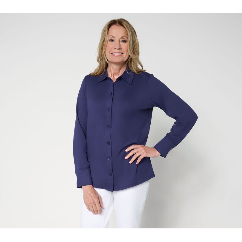 Women Control Women's Top Plus Sz 1x Yummy Jersey Knit Button Down Blue A700172